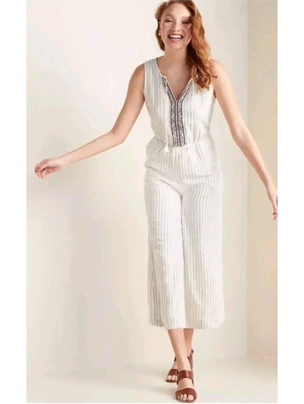 Old Navy Size XL Linen Tank Pants Romper Jumpsuit White Pin Stripes Hobo